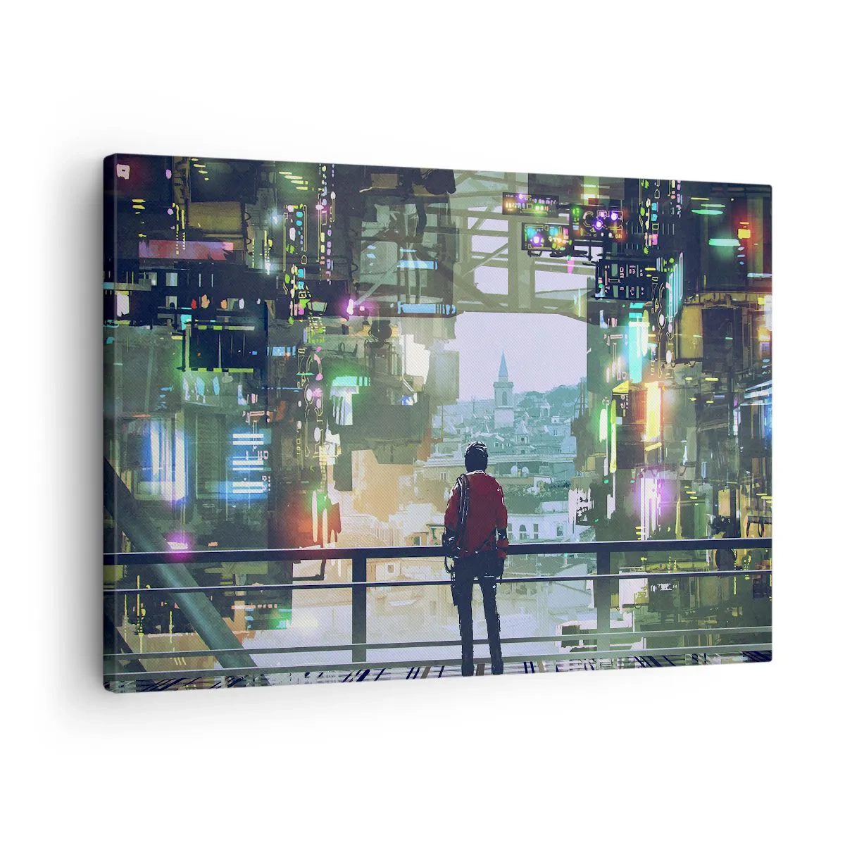 Canvastavla - Bild på duk - En figur i en futuristisk stad med neonljus - 70x50cm - Två världar - Modern väggdekoration för vardagsrum och sovrum ARTTOR