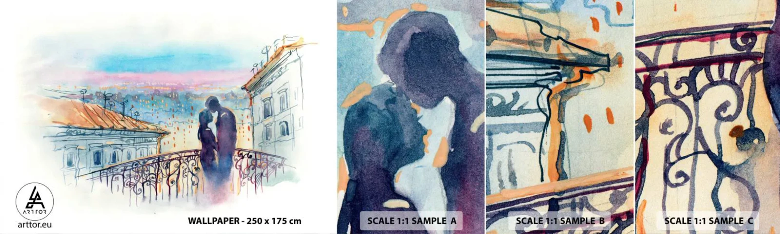 Provbit av självhäftande fototapet Deluxe Sticker - Älskare i Paris - Arkitektur, Stad, Ett par älskare - 100x30 cm