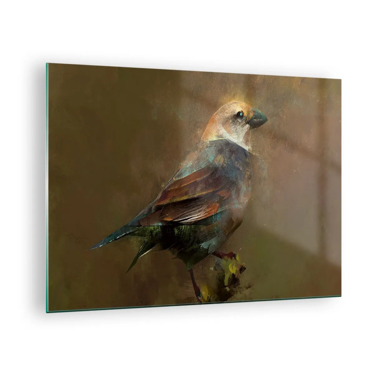 Glastavla - Bild på glas - En sparv i en konstnärlig, målerisk stil mot en neutral bakgrund - 70x50cm - Gråsparv, en liten fågel - Modern väggdekoration för vardagsrum och sovrum ARTTOR