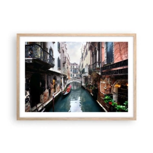 Affisch i ram av ljusek - Venedig-landskap med gondol och bro - 70x50 cm
