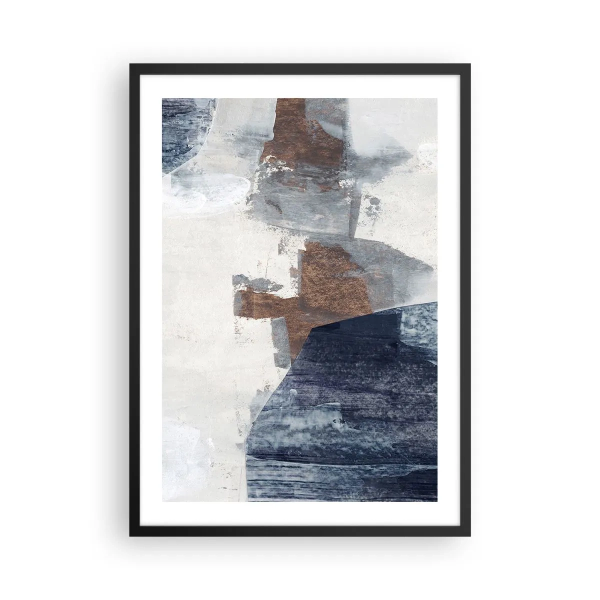 Affisch i svart ram - Modern abstraktion i nyanser av brunt och marinblått - 50x70cm - Blåbruna former - Modern väggdekoration för vardagsrum och sovrum ARTTOR