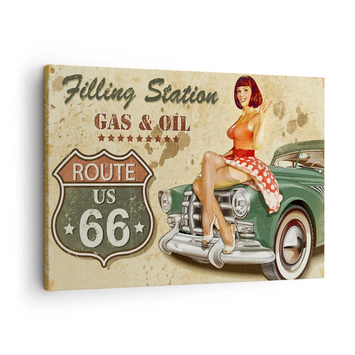Canvastavla - Bild på duk - Retro Route 66-affisch med pinuppa och bil - 70x50cm - Underbara 40-talet - Modern väggdekoration för vardagsrum och sovrum ARTTOR