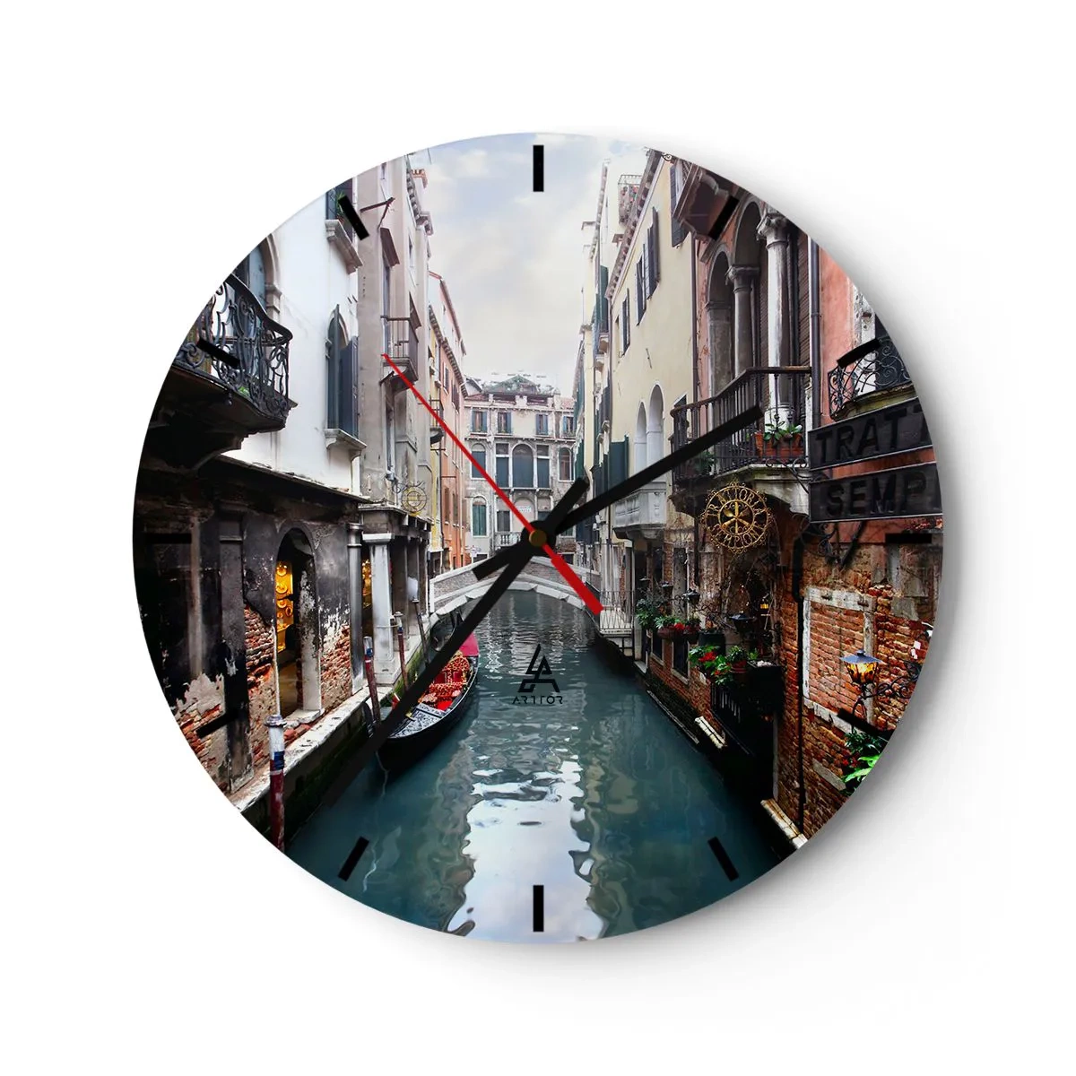 Väggklocka - Klocka på glas - Venedig-landskap med gondol och bro - 40x40 cm