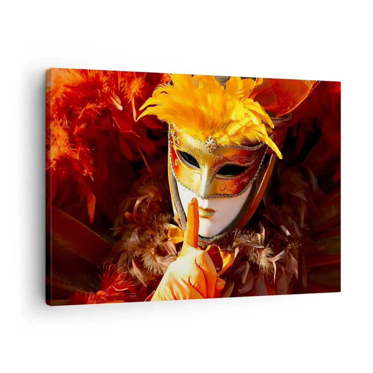 Canvastavla - Bild på duk - Karnevalsmask i nyanser av guld och orange - 70x50cm - Hemligheten är en del av spelet - Modern väggdekoration för vardagsrum och sovrum ARTTOR