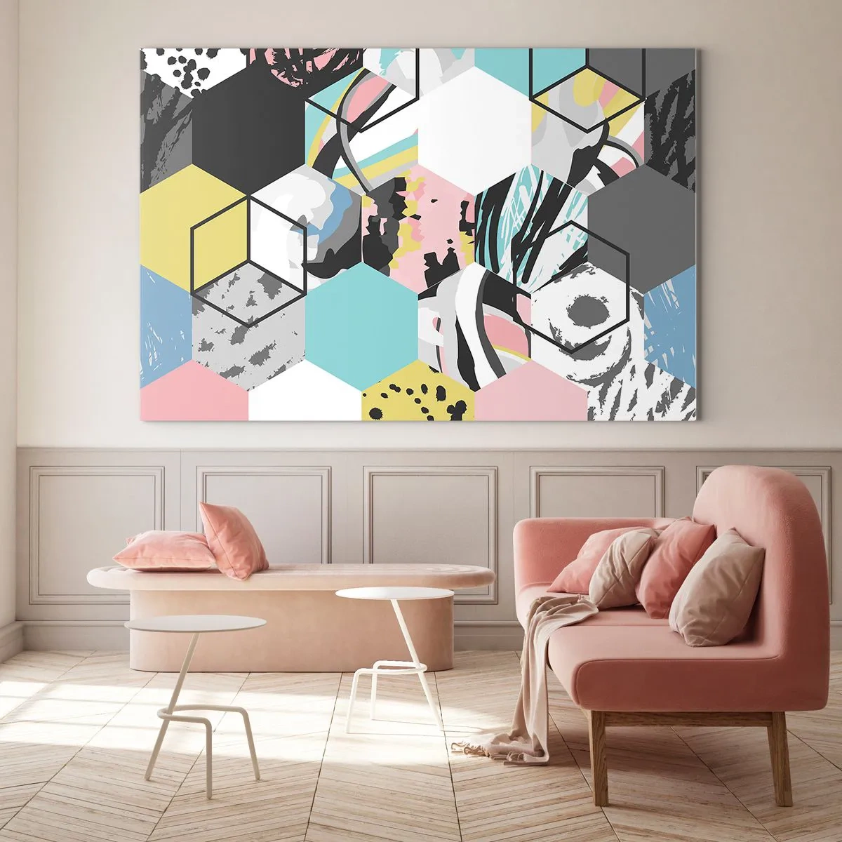 Glastavla - Bild på glas - Färgglada kuber och hexagoner i en modern komposition - 70x50cm - Sexkanter och kuber i sex färger - Modern väggdekoration för vardagsrum och sovrum ARTTOR