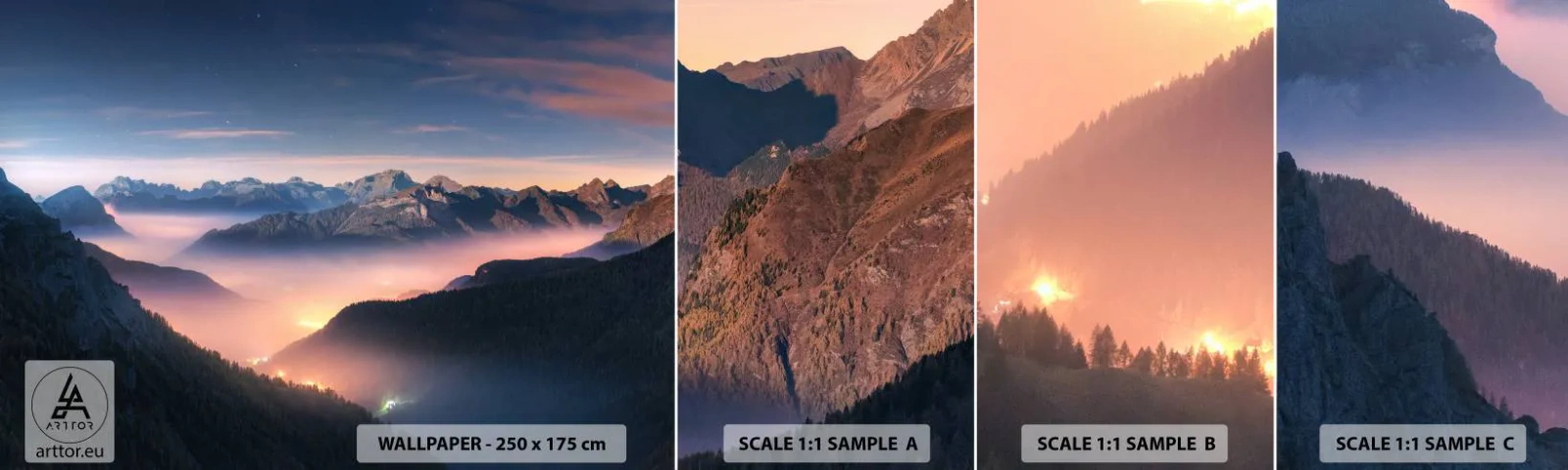 Provbit av självhäftande fototapet Deluxe Sticker - Ljus i dalarna - Landskap, Berg, Skog - 100x30 cm