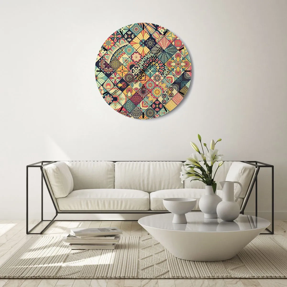 Väggklocka - Klocka på glas - Färgglatt lapptäckemotiv med geometriska mönster - 30x30cm - Marockansk stämning - Modern väggdekoration för vardagsrum, kök och sovrum ARTTOR