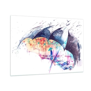 Glastavla - Bild på glas - Promenad i regnet - 100x70 cm