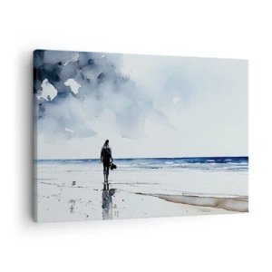 Canvastavla - Bild på duk - En figur på en strand i en lugn havsmiljö - 70x50cm - Samtal med havet - Modern väggdekoration för vardagsrum och sovrum ARTTOR