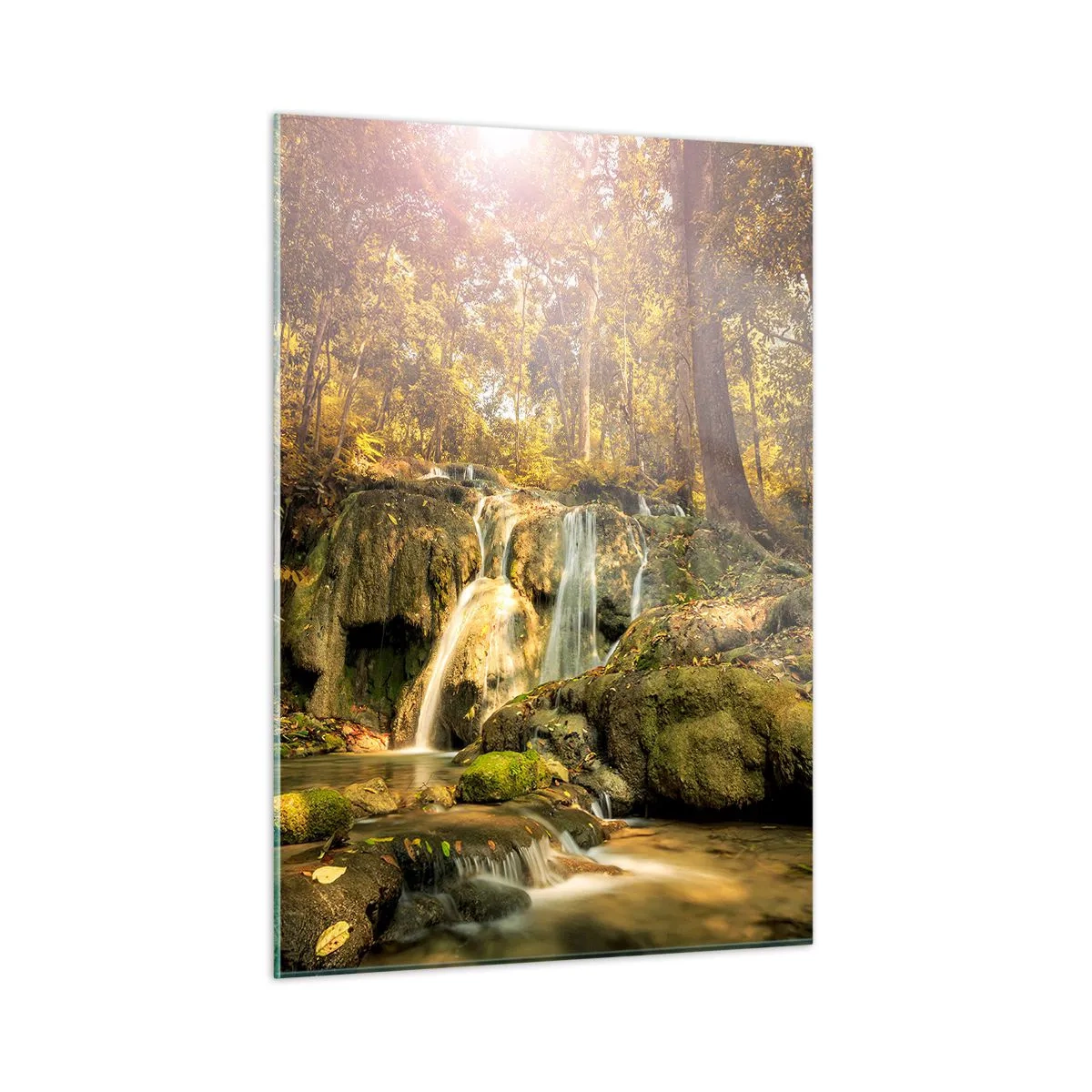 Glastavla - Bild på glas - Skogkaskad i grönt - 50x70 cm