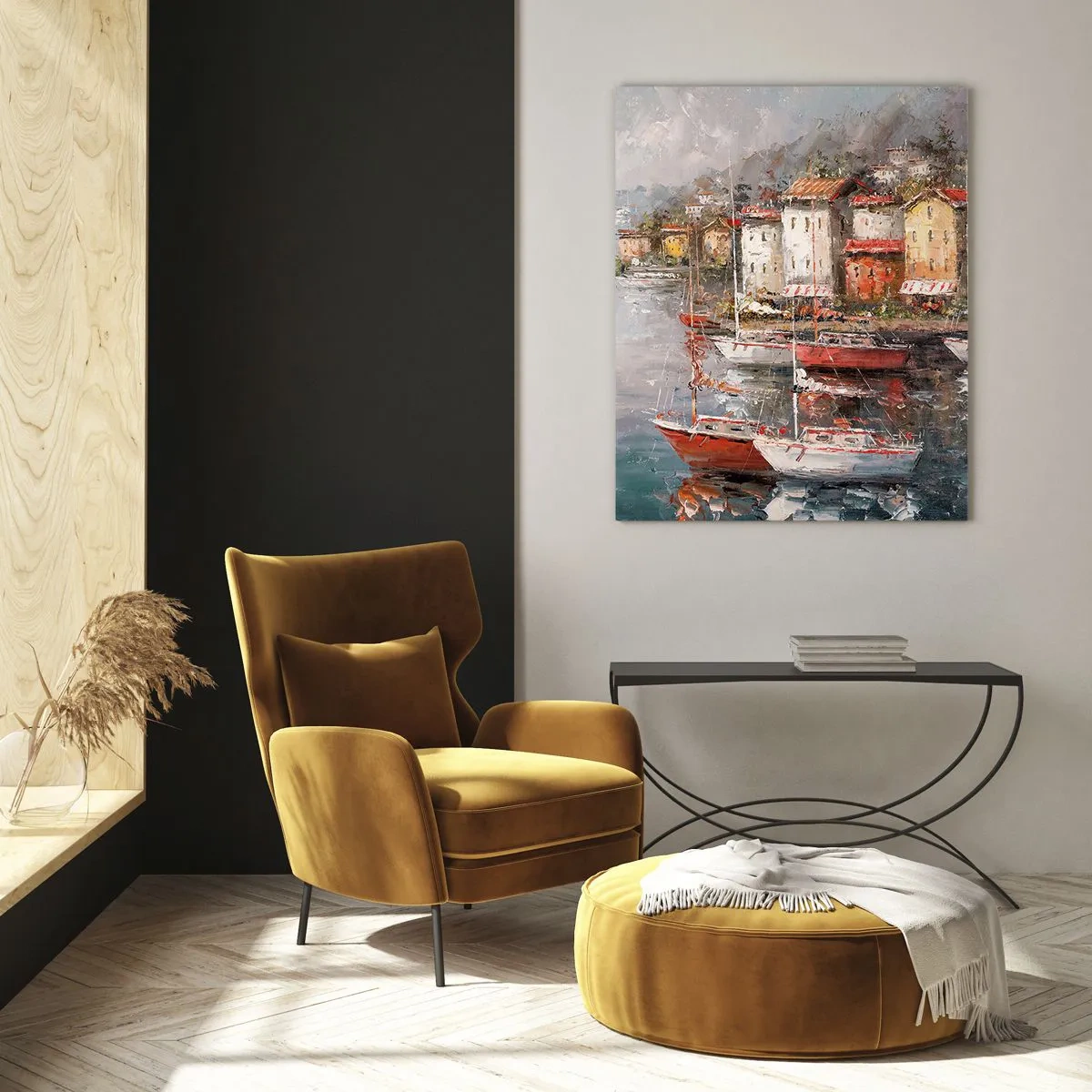 Glastavla - Bild på glas - Romantisk hamn - 70x100 cm