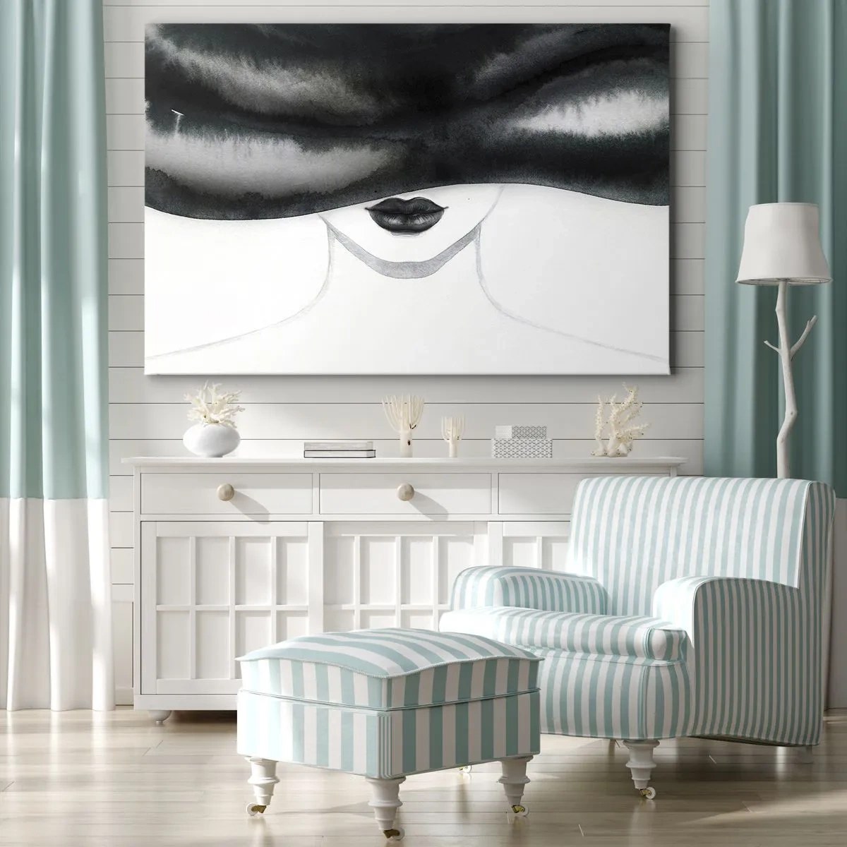 Canvastavla - Bild på duk - Ett subtilt porträtt av en kvinna med ansiktet täckt i monokrom stil. - 70x50cm - Sensuell hemlighet - Modern väggdekoration för vardagsrum och sovrum ARTTOR