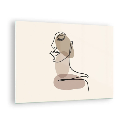 Glastavla - Bild på glas - Porträtt av en kvinnas ansikte i minimalistisk, abstrakt stil - 70x50cm - Lyssnar på sig själv - Modern väggdekoration för vardagsrum och sovrum ARTTOR