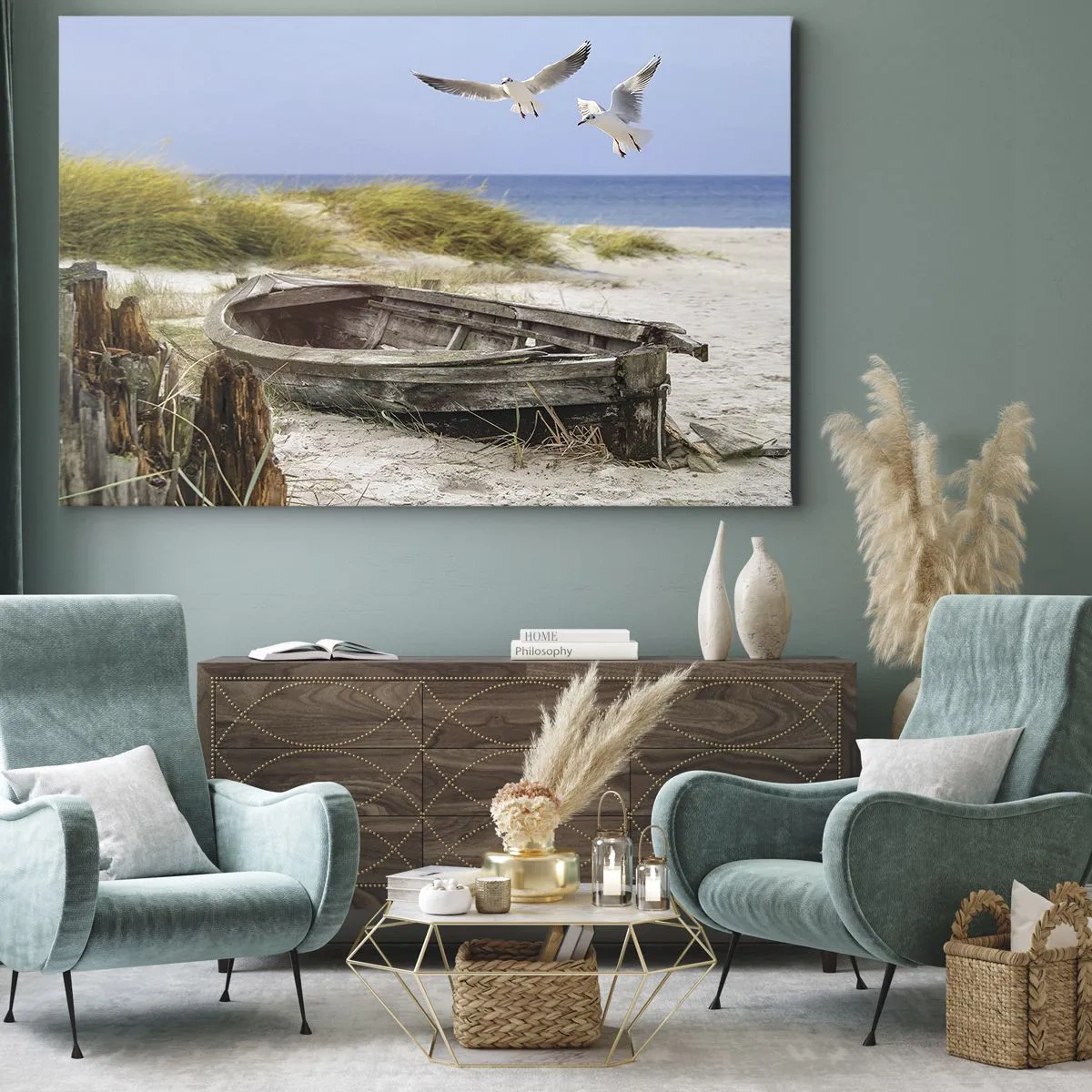 Canvastavla - Bild på duk - Övergiven båt på en strand med måsar - 70x50cm - Doppade i vinden - Modern väggdekoration för vardagsrum och sovrum ARTTOR