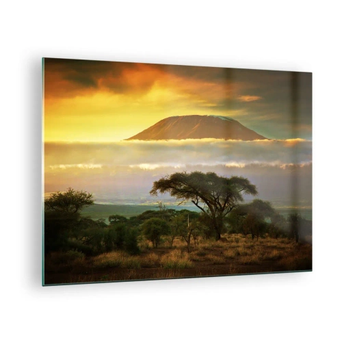 Glastavla - Bild på glas - Kilimanjaro omgivet av moln mot bakgrund av den afrikanska savannen - 70x50cm - Resenärens dröm - Modern väggdekoration för vardagsrum och sovrum ARTTOR