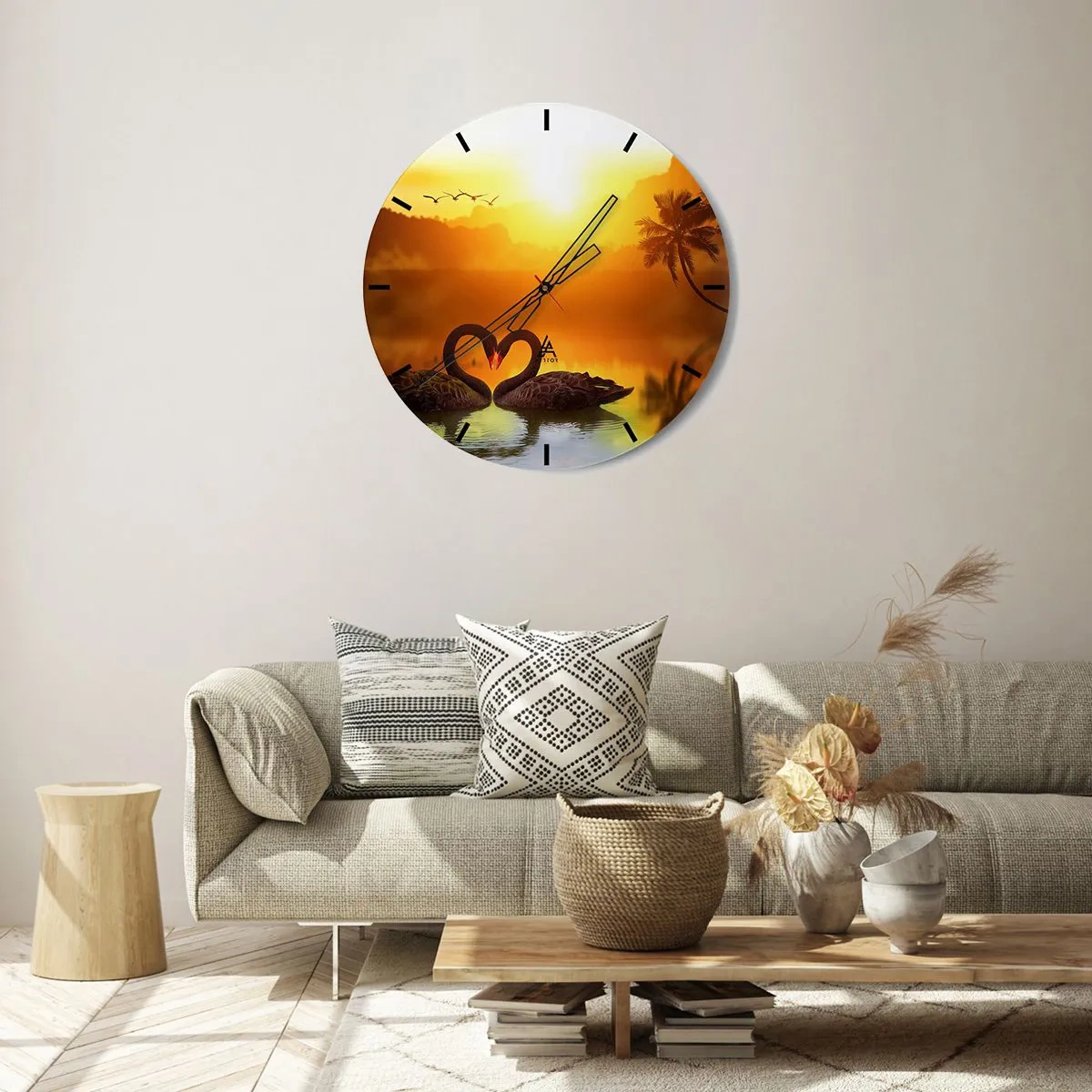 Väggklocka - Klocka på glas - Två svarta svanar på en sjö vid solnedgången - 30x30cm - Allt parat - Modern väggdekoration för vardagsrum, kök och sovrum ARTTOR