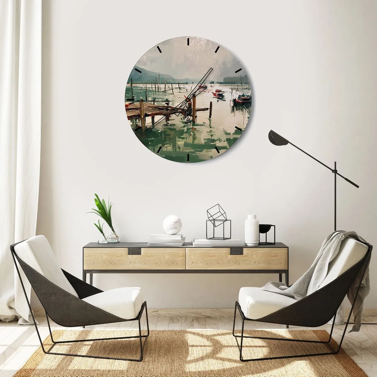 Väggklocka - Klocka på glas - En stämningsfull pir med båtar på lugnt vatten - 30x30cm - Täckt med smält måne - Modern väggdekoration för vardagsrum, kök och sovrum ARTTOR