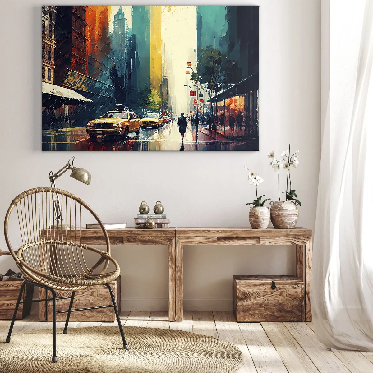 Canvastavla - Bild på duk - En livlig stad med taxibilar och förbipasserande - 70x50cm - New York - här är till och med regnet färgstarkt - Modern väggdekoration för vardagsrum och sovrum ARTTOR