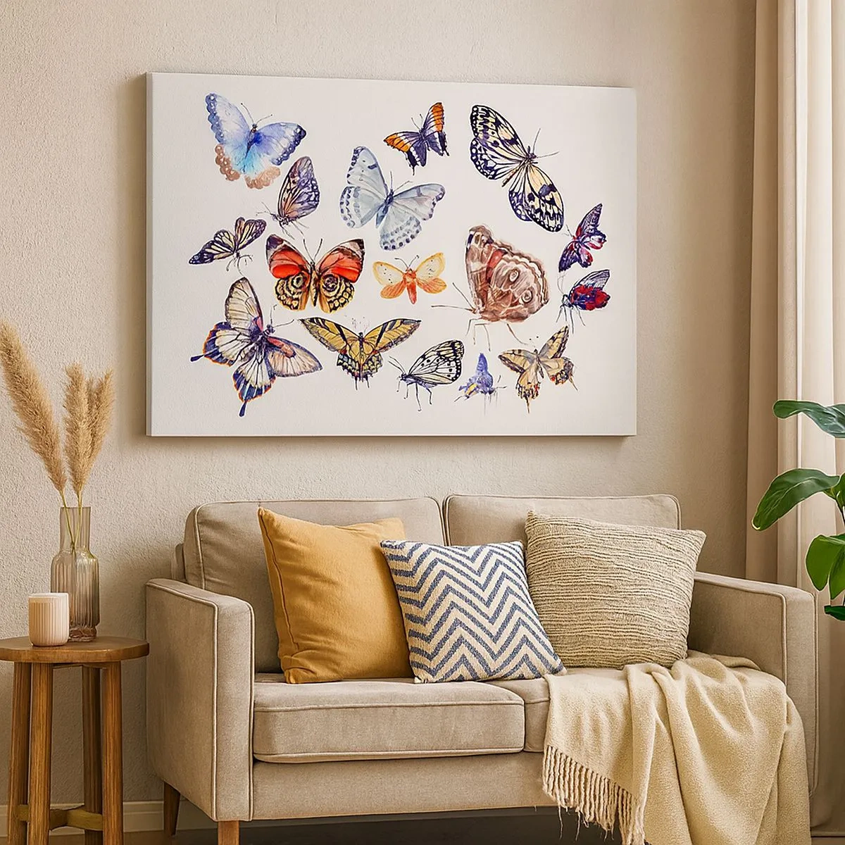 Canvastavla - Bild på duk - Färgglada fjärilar på en vit bakgrund - 70x50cm - Färgglada fjärilar - Modern väggdekoration för vardagsrum och sovrum ARTTOR