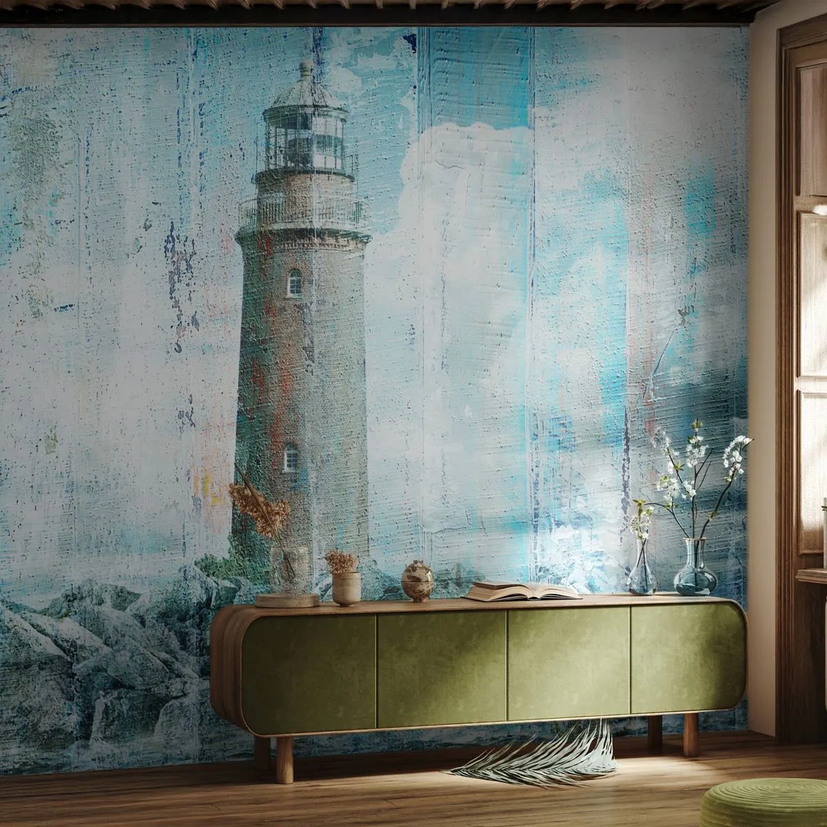 Fototapet Premium Canvas - På gammalt trä - Abstraktion, Fyr, Hav - 400x280 cm