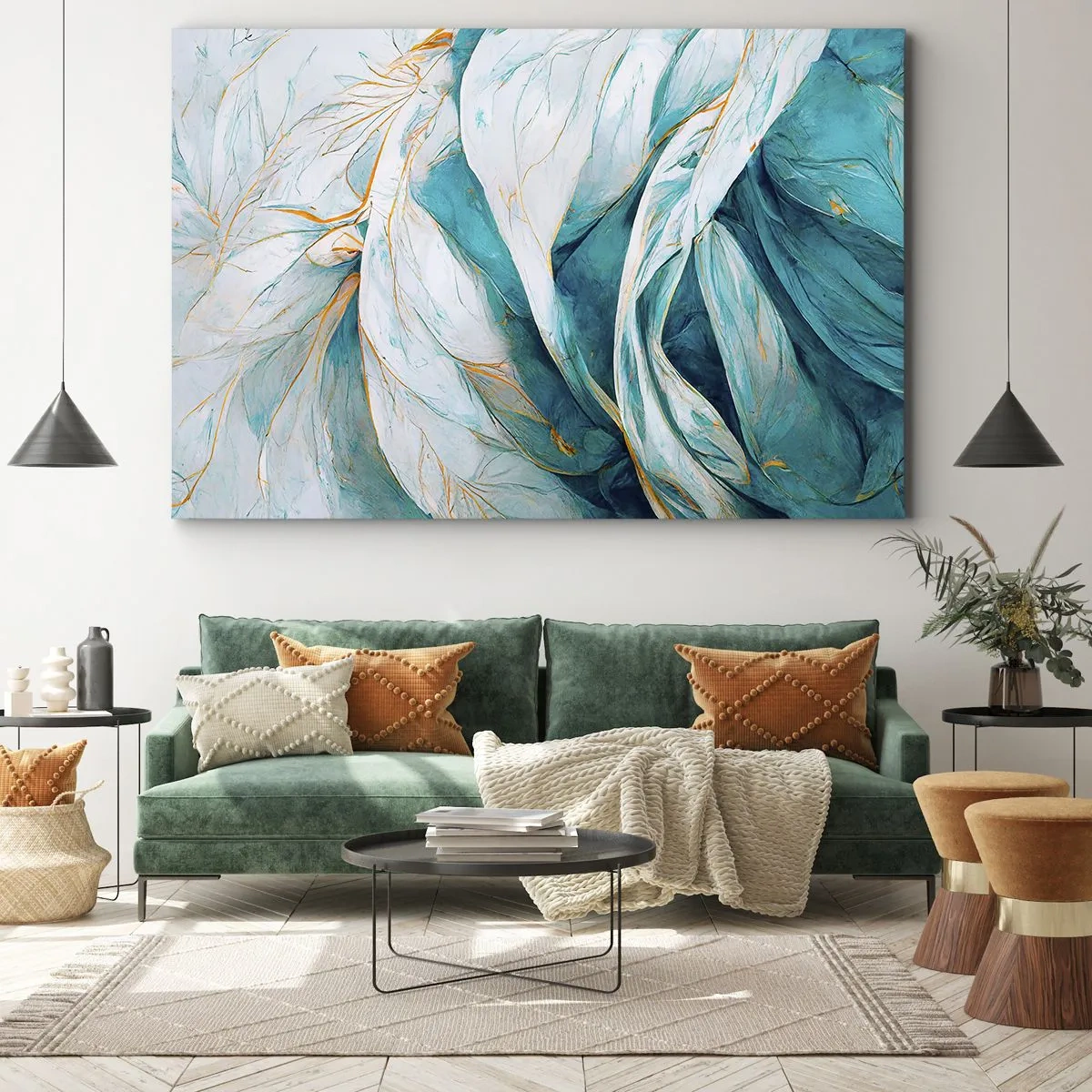 Canvastavla - Bild på duk - Abstrakta blå blad med gulddetaljer - 70x50cm - Blå abstraktion med guldmotiv - Modern väggdekoration för vardagsrum och sovrum ARTTOR