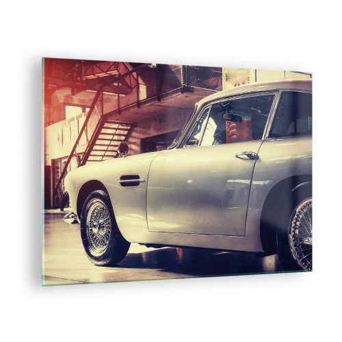 Glastavla - Bild på glas - En klassisk bil i en elegant garageinredning - 70x50cm - Klassiken åldras inte - Modern väggdekoration för vardagsrum och sovrum ARTTOR