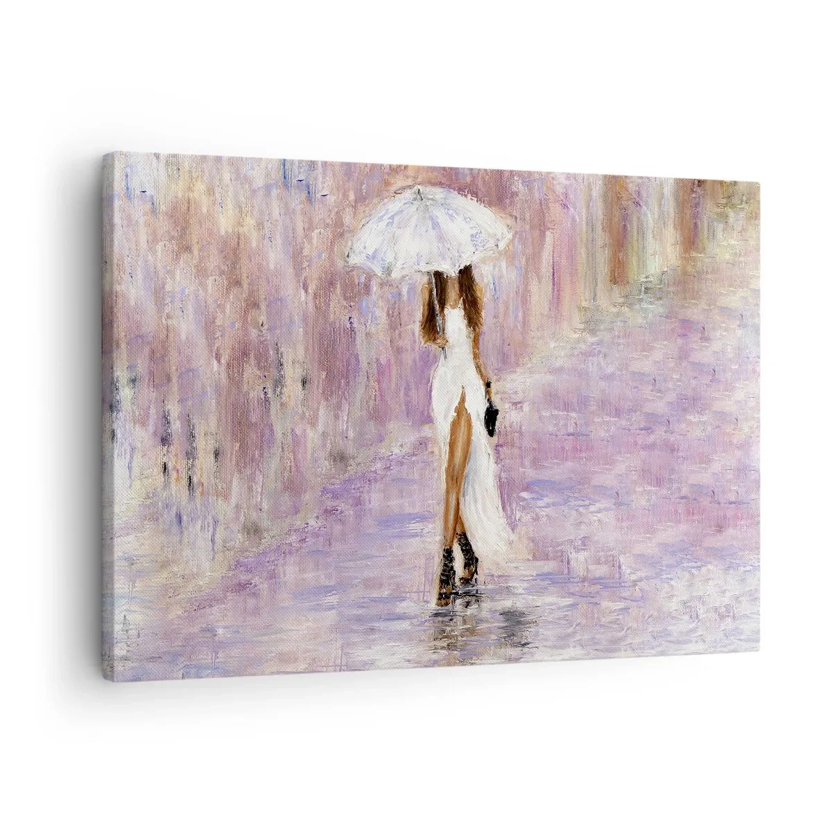 Canvastavla - Bild på duk - En kvinna med ett paraply som går i regnet i lila toner - 70x50cm - Under lila regn - Modern väggdekoration för vardagsrum och sovrum ARTTOR