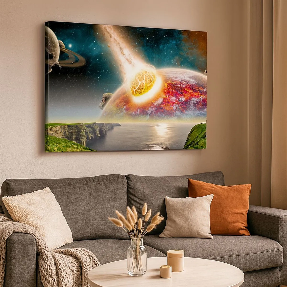 Canvastavla - Bild på duk - En meteorit kolliderar med en planet i ett kosmiskt landskap. - 70x50cm - Rymddrama - Modern väggdekoration för vardagsrum och sovrum ARTTOR