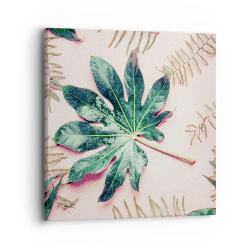Canvastavla - Bild på duk - Grönskans studie mot rosa bakgrund - 40x40 cm