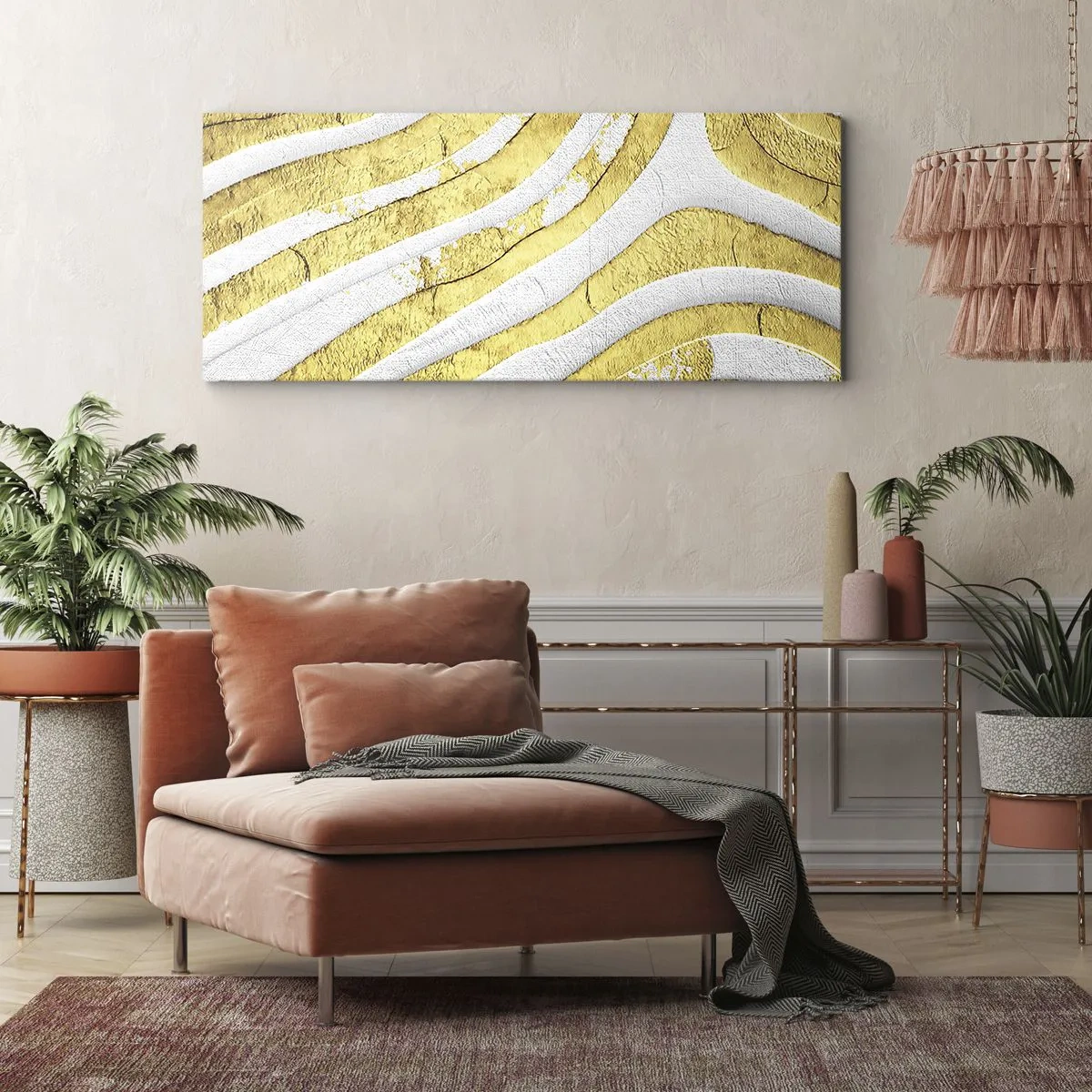 Canvastavla - Bild på duk - Komposition i vitt och guld - 120x50 cm