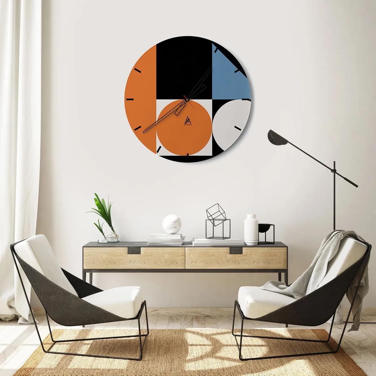 Väggklocka - Klocka på glas - Färgglad geometrisk komposition med cirklar och rektanglar - 30x30cm - Geometriska figurer - Modern väggdekoration för vardagsrum, kök och sovrum ARTTOR