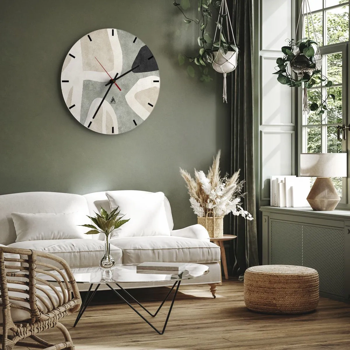 Väggklocka - Klocka på glas - Organiska former i beige, svart och grönt mot en ljus bakgrund - 30x30cm - Komposition med svart motiv - Modern väggdekoration för vardagsrum, kök och sovrum ARTTOR