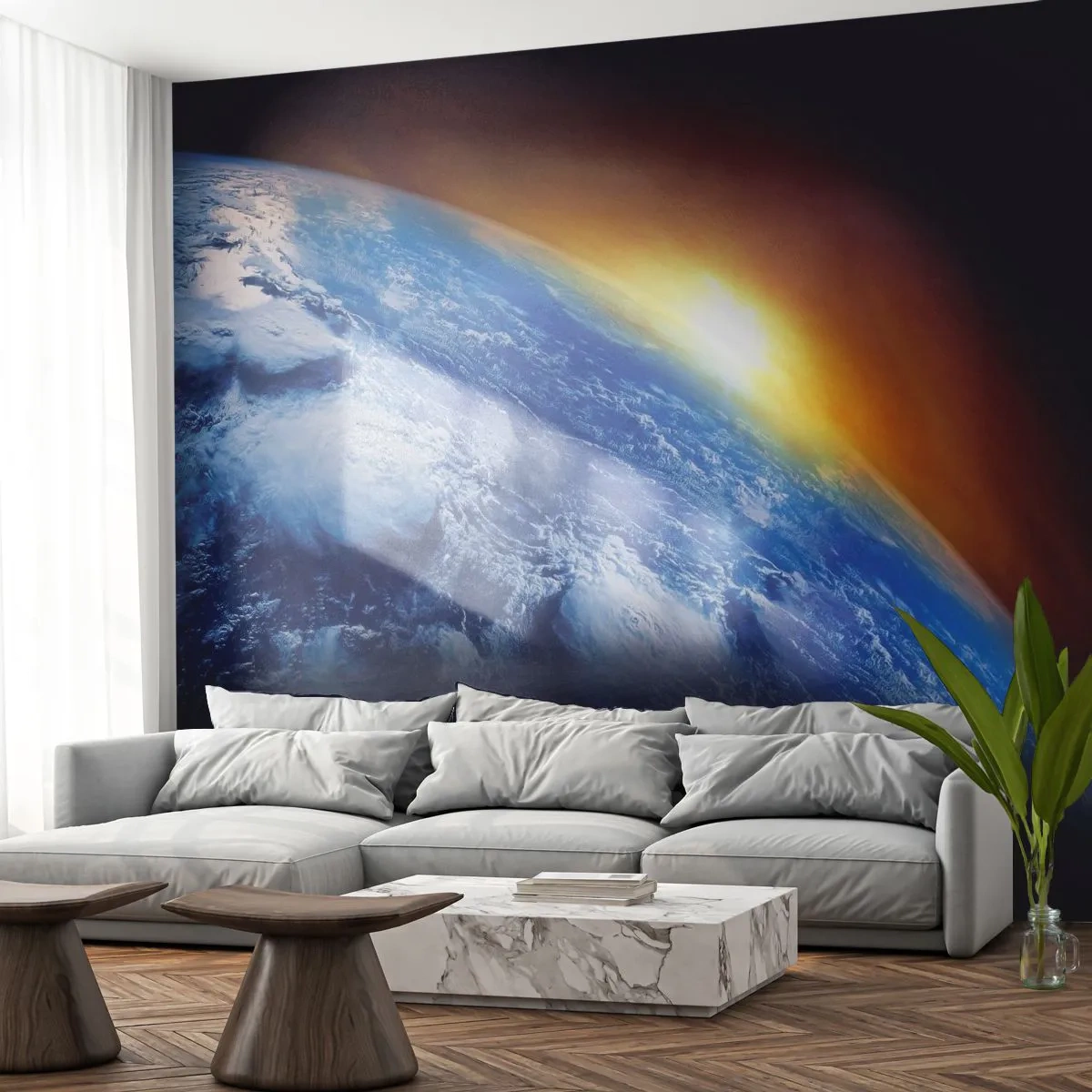 Fototapet Premium Canvas - Soluppgång över den blåa planeten - Abstraktion, 3D, Kosmos - 250x175 cm