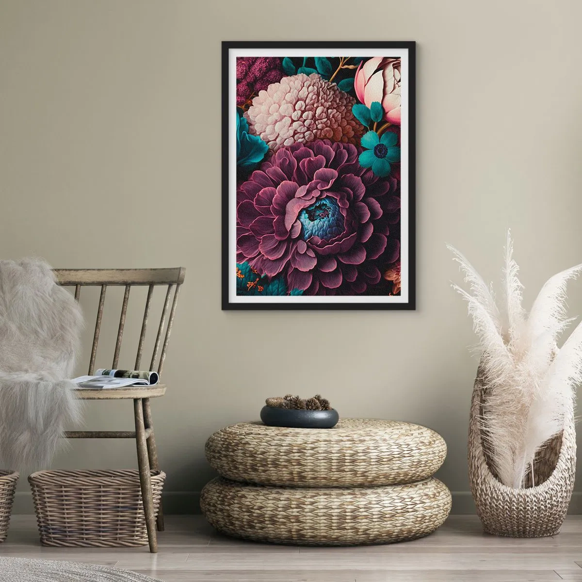 Affisch i svart ram - Ett blomsterarrangemang i djupa nyanser - 50x70cm - Natur i överflöd - Modern väggdekoration för vardagsrum och sovrum ARTTOR