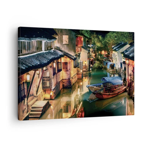 Canvastavla - Bild på duk - Nattvy över kanalerna med traditionella båtar och hus - 70x50cm - En kväll på kinesisk gata - Modern väggdekoration för vardagsrum och sovrum ARTTOR