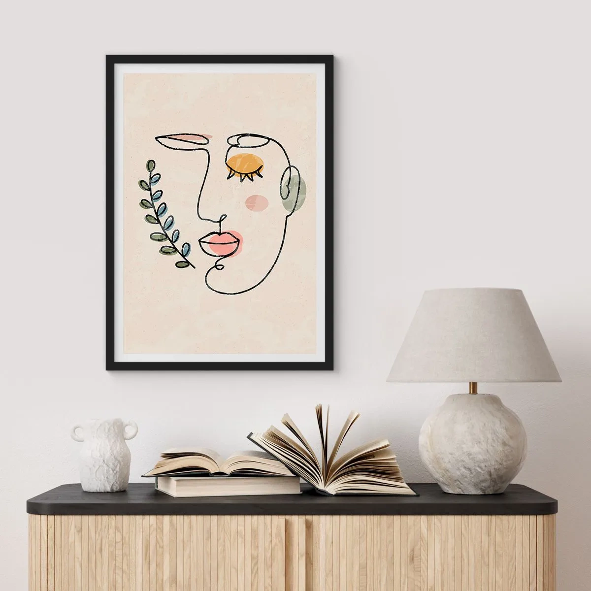 Affisch i svart ram - Minimalistiskt linjeporträtt av en kvinna mot beige bakgrund - 50x70cm - Återfunnet lugn  - Modern väggdekoration för vardagsrum och sovrum ARTTOR