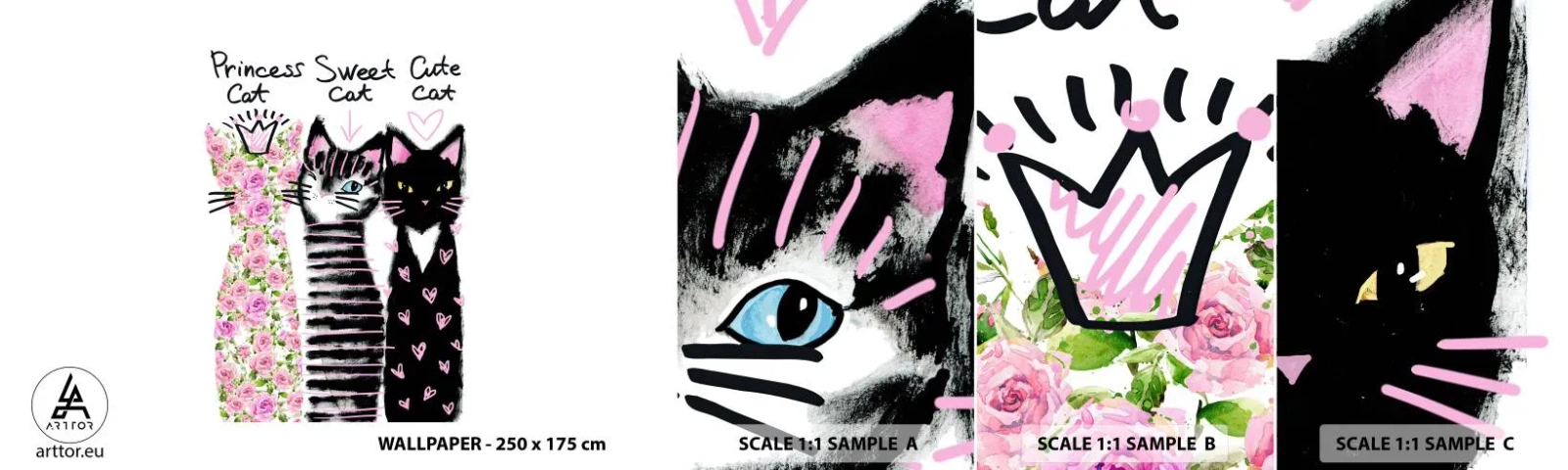 Provbit av självhäftande fototapet Deluxe Sticker - Det var en gång tre katter - För barn, Katt, Djur - 100x30 cm