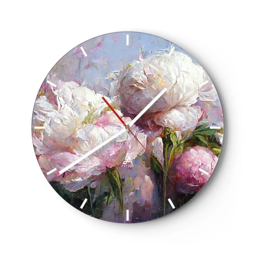 Väggklocka - Klocka på glas - En bukett vita och rosa blommor på en blå bakgrund - 30x30cm - En bukett full av liv - Modern väggdekoration för vardagsrum, kök och sovrum ARTTOR