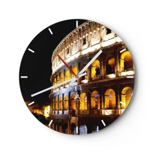 Väggklocka - Klocka på glas - Colosseum upplyst på natten mot en svart bakgrund - 30x30cm - Låt tävlingen börja - Modern väggdekoration för vardagsrum, kök och sovrum ARTTOR