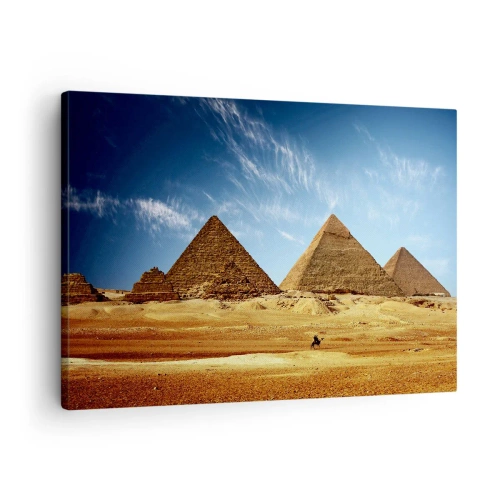 Canvastavla - Bild på duk - Pyramiderna i Giza mot en blå himmel och ökenlandskap - 70x50cm - 40 sekler tittar på oss - Modern väggdekoration för vardagsrum och sovrum ARTTOR