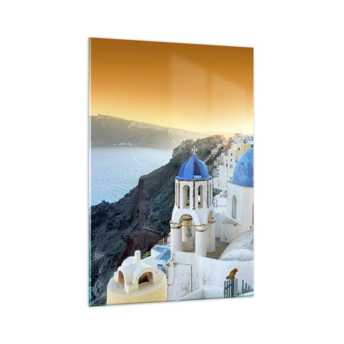Glastavla - Bild på glas - Santorini - inbäddat i berg - 70x100 cm