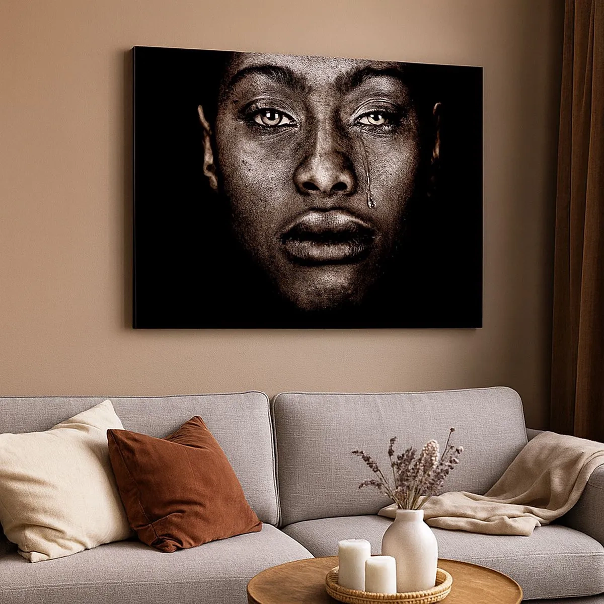 Canvastavla - Bild på duk - Porträtt av ett ansikte med en enda tår mot svart bakgrund - 70x50cm - En tår - Modern väggdekoration för vardagsrum och sovrum ARTTOR