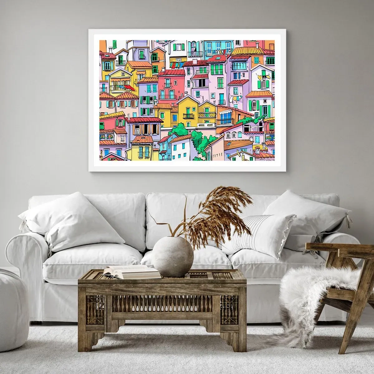 Affisch i vit ram - Gladlynt stad - 70x50 cm