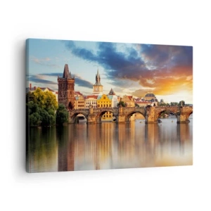 Canvastavla - Bild på duk - Den historiska bron över floden i ljuset av den nedgående solen - 70x50cm - Vacker sedan århundraden - Modern väggdekoration för vardagsrum och sovrum ARTTOR