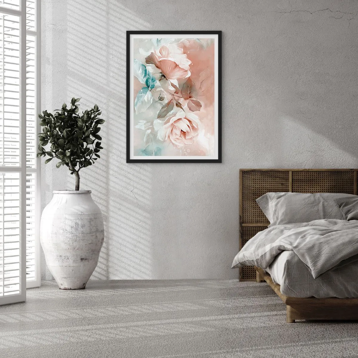 Affisch i svart ram - En målerisk komposition av rosor i pastellfärger - 50x70cm - Romantikens anda - Modern väggdekoration för vardagsrum och sovrum ARTTOR