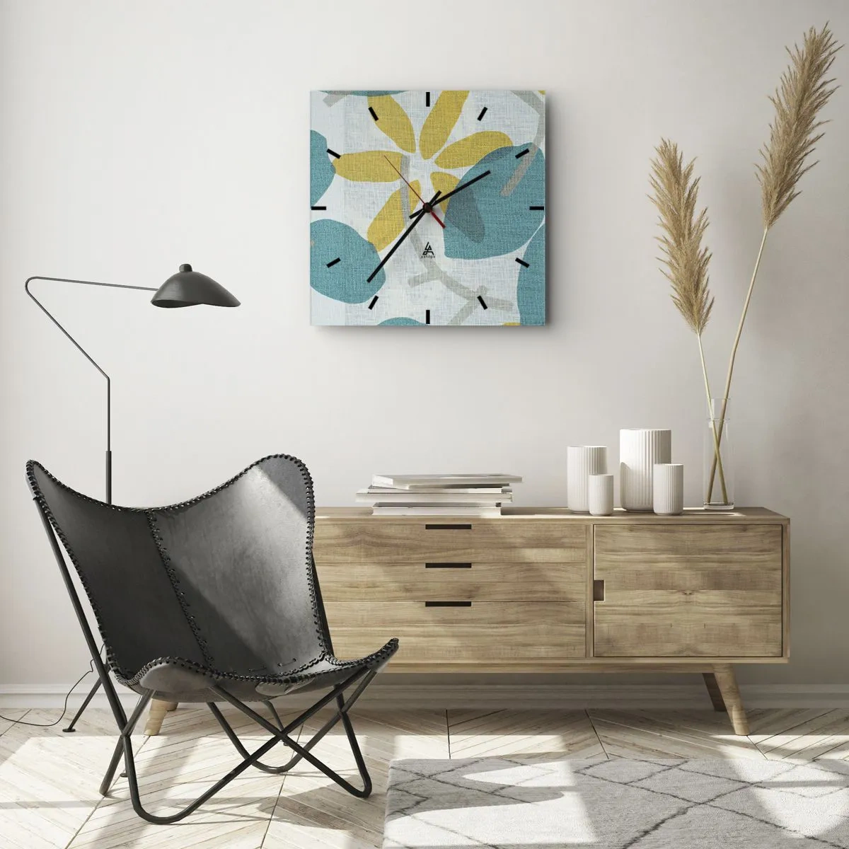 Väggklocka - Klocka på glas - Bland azurblå blad - 40x40 cm