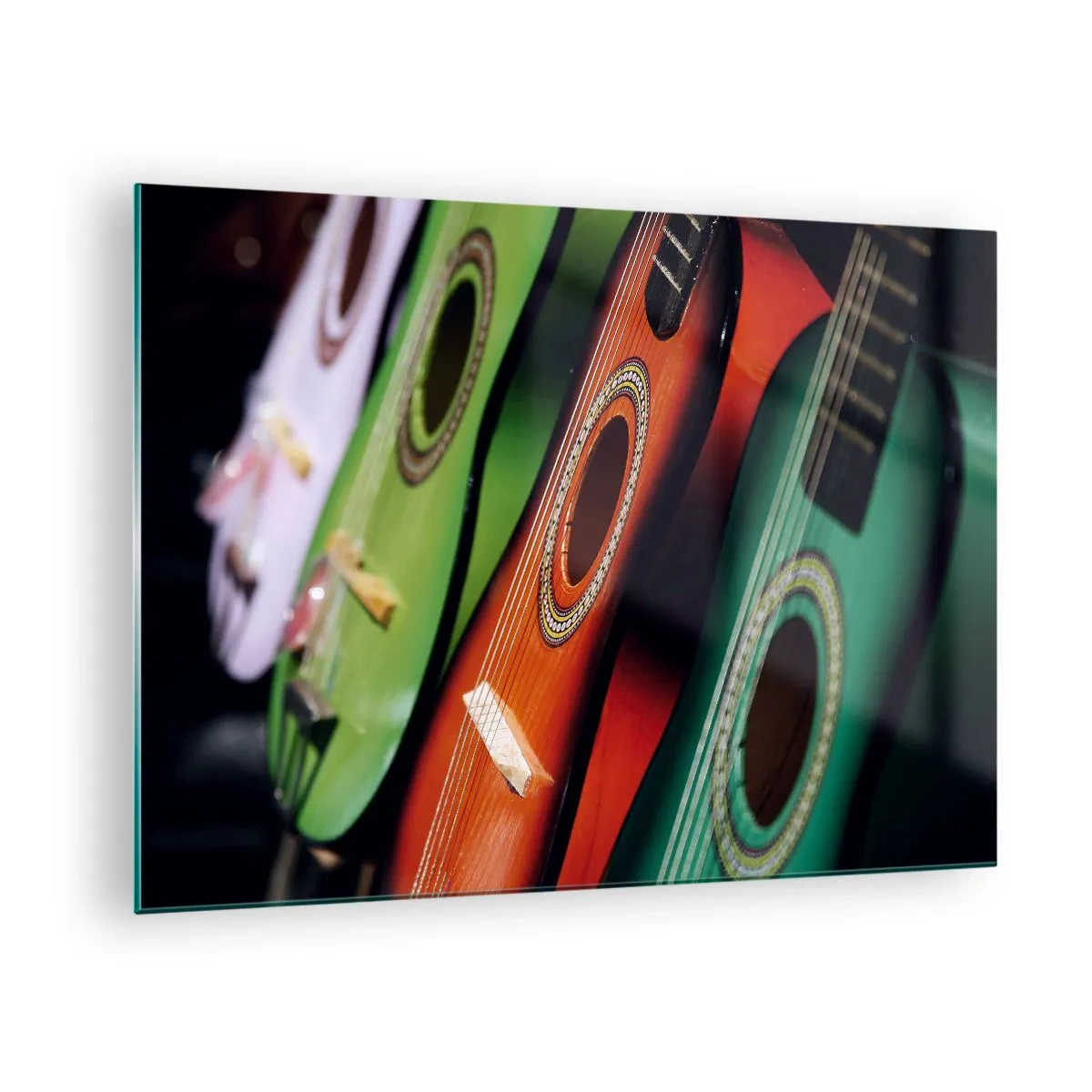 Glastavla - Bild på glas - Färgglada gitarrer i rad - 70x50cm - Gitarren har flera färger - Modern väggdekoration för vardagsrum och sovrum ARTTOR