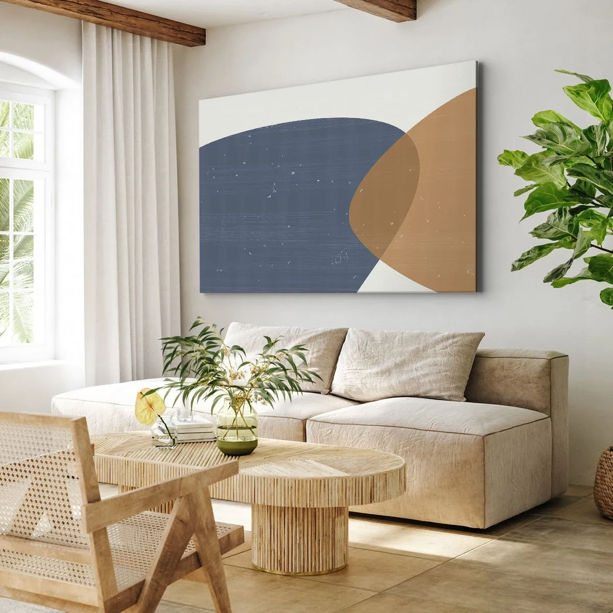 Canvastavla - Bild på duk - En minimalistisk geometrisk komposition i nyanser av blått och orange. - 70x50cm - Ovaler och influenser - Modern väggdekoration för vardagsrum och sovrum ARTTOR
