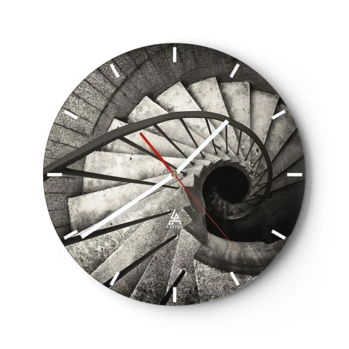 Väggklocka - Klocka på glas - Svartvit spiraltrappa med nedåtgående vy och geometrisk steglayout - 30x30cm - Uppför trappan, nedför trappan - Modern väggdekoration för vardagsrum, kök och sovrum ARTTOR