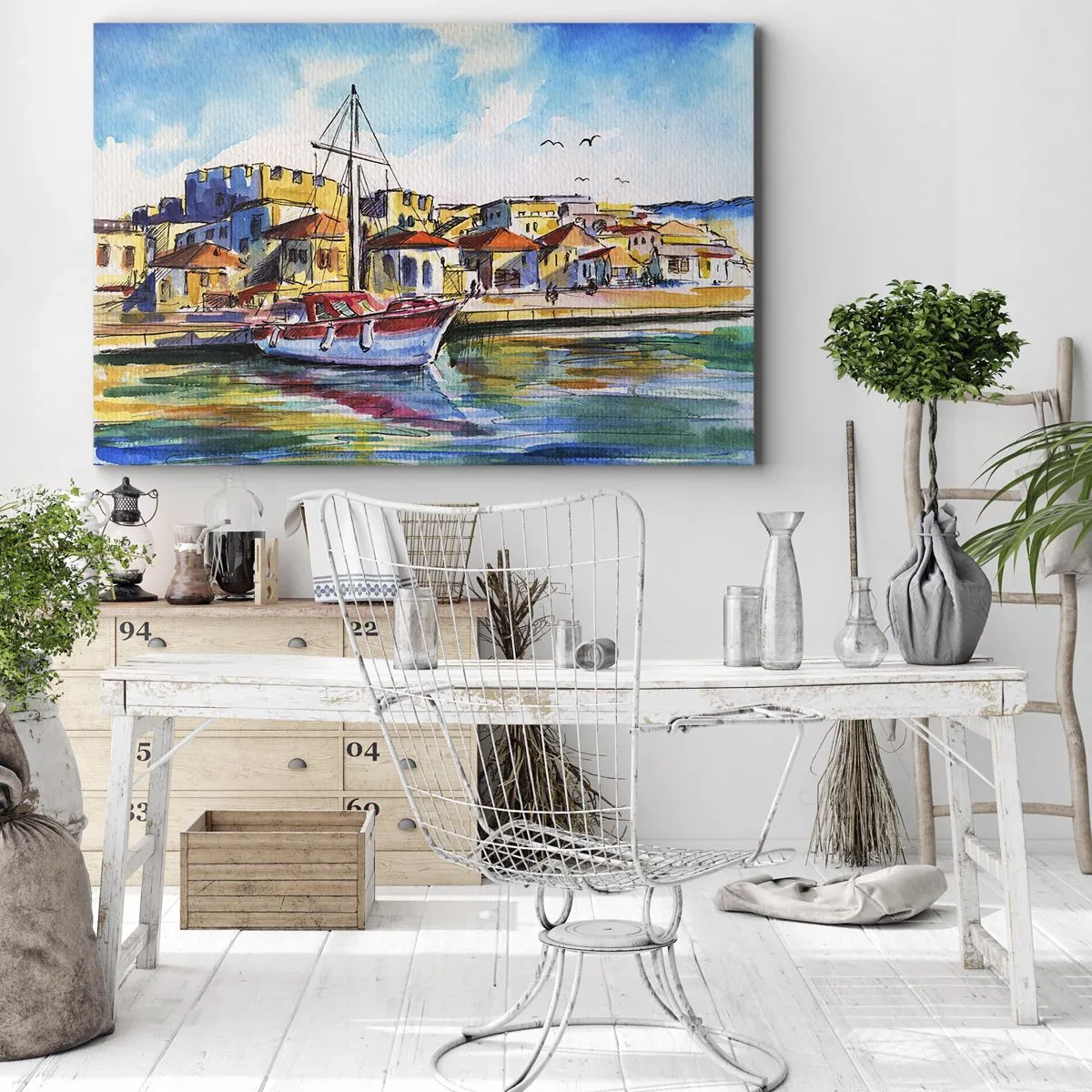 Canvastavla - Bild på duk - En pittoresk hamn med en båt och färgglada byggnader - 70x50cm - Regnbågseftermiddag - Modern väggdekoration för vardagsrum och sovrum ARTTOR